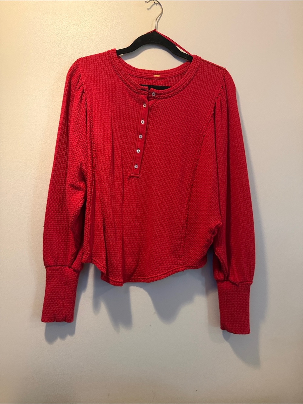 Free People Red Waffle Henley Long-Sleeve Top